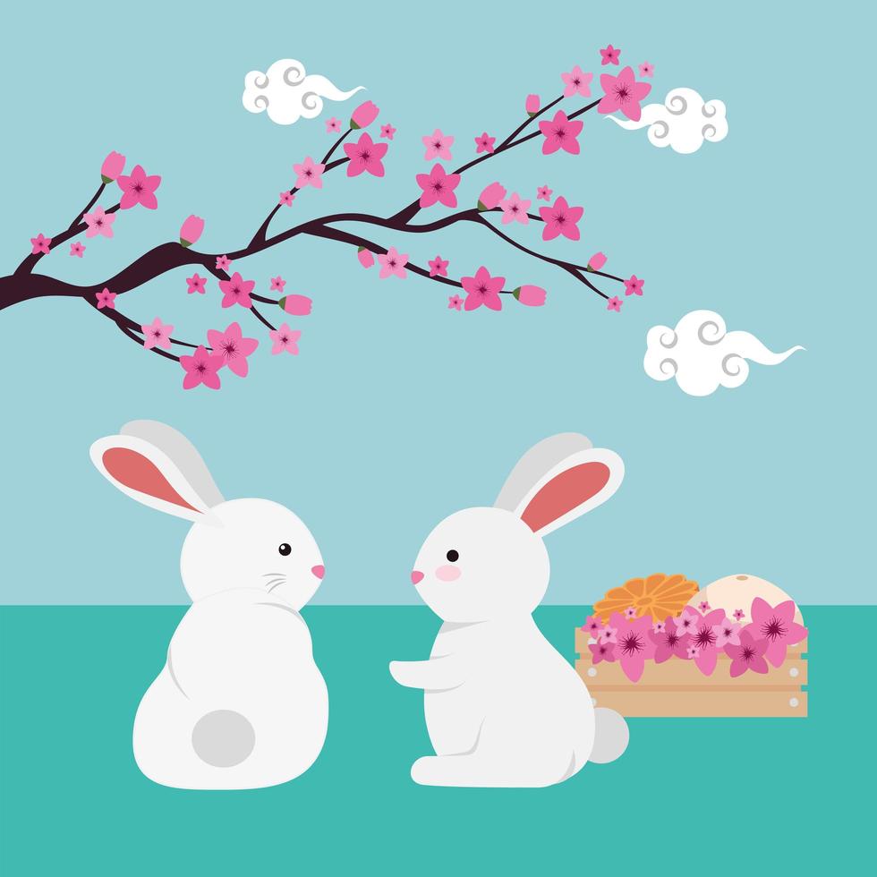Kaninchenpaar mit chinesischem Ast und Blumen vektor