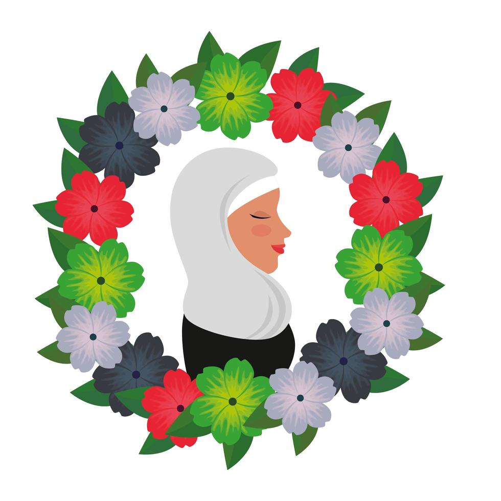 profil av islamisk kvinna med traditionell burka i blommig krans vektor