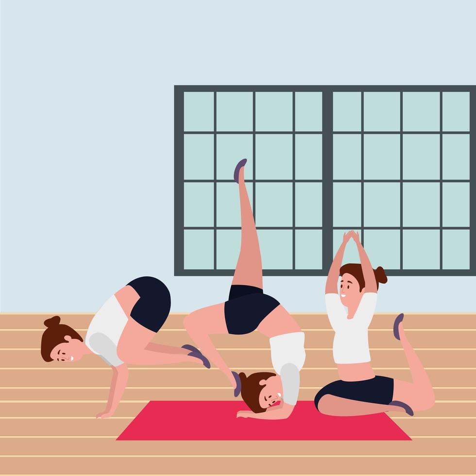 Schönheitsmädchengruppe übt Pilates-Position im Fitnessstudio vektor