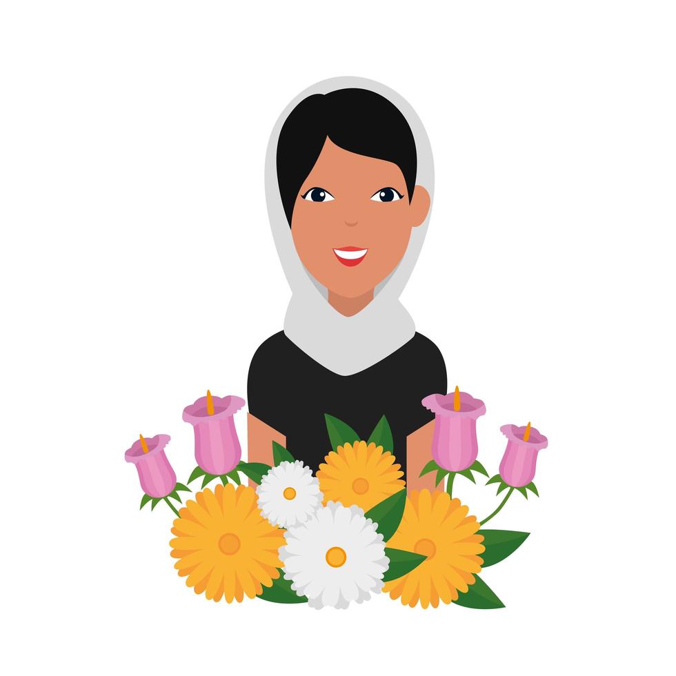 islamisk kvinna med traditionella burka- och trädgårdsblommor vektor