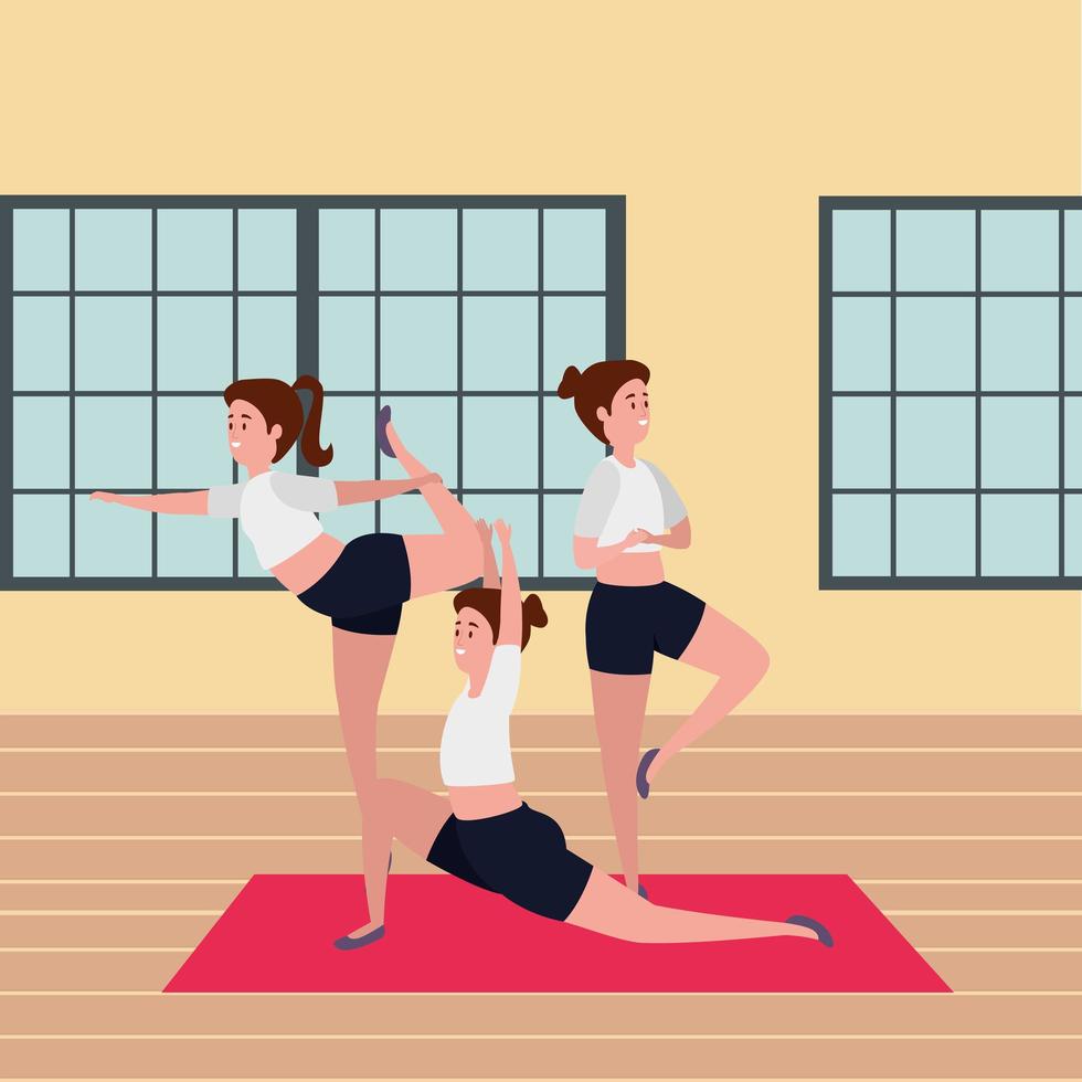 Schönheitsmädchengruppe übt Pilates-Position im Fitnessstudio vektor