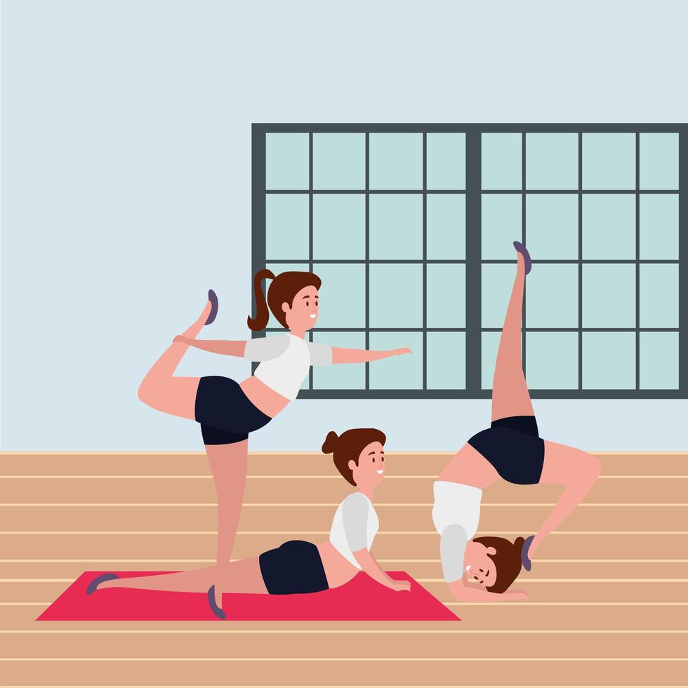 Schönheitsmädchenpaar, das Pilates-Position in der Turnhalle übt vektor