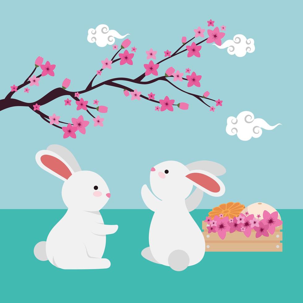 Kaninchenpaar mit chinesischem Ast und Blumen vektor