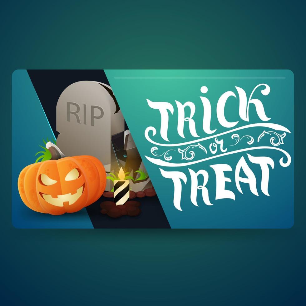 trick or treat, modern grön banner med gravsten och pumpa jack vektor