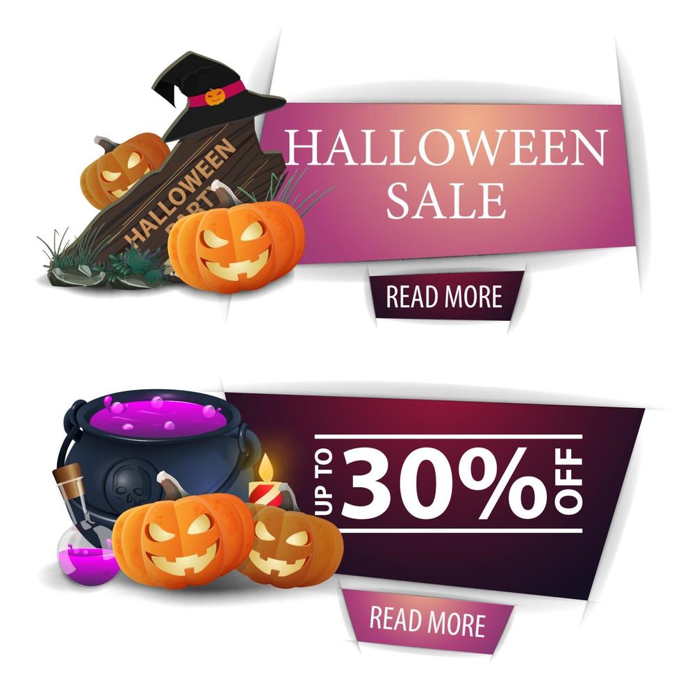 Halloween Sale, zwei moderne Banner mit Knopf, Holzschild, Hexenhut, Hexentopf und Kürbis Jack vektor