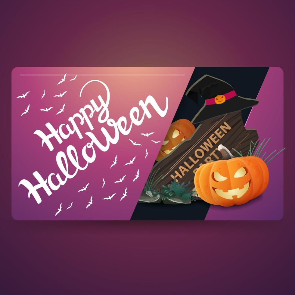 Happy Halloween, modernes rosa Banner mit Holzschild, Hexenhut und Kürbis Jack vektor