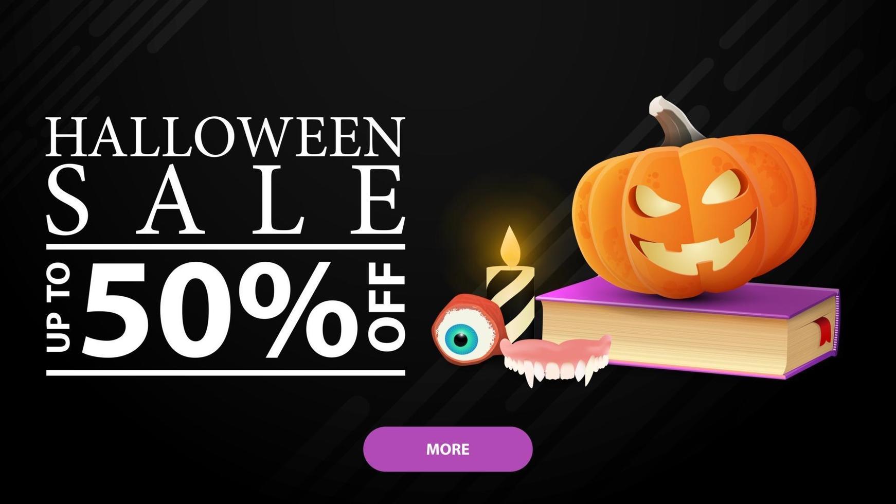 halloween försäljning, -50 rabatt, svart horisontell rabatt banner med stavningsbok och pumpa jack vektor