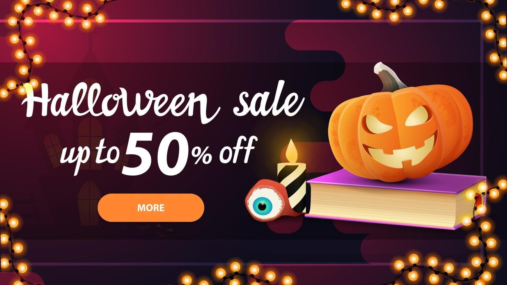 Halloween-Verkauf, -50 Rabatt, rosa horizontales Rabattbanner mit Knopf, Zauberbuch und Kürbis-Jack vektor