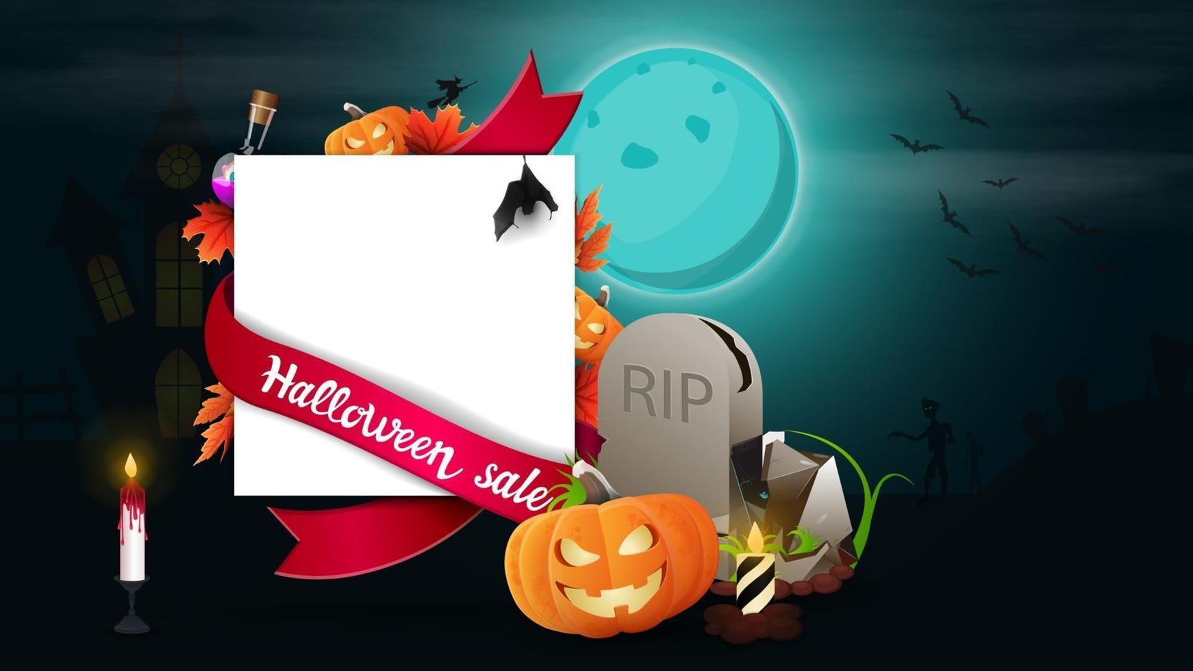 Halloween-Verkauf, Vorlage für Rabatt-Banner in Form eines Blattes Papier mit Halloween-Dekor, Grabstein und Kürbis-Jack vektor