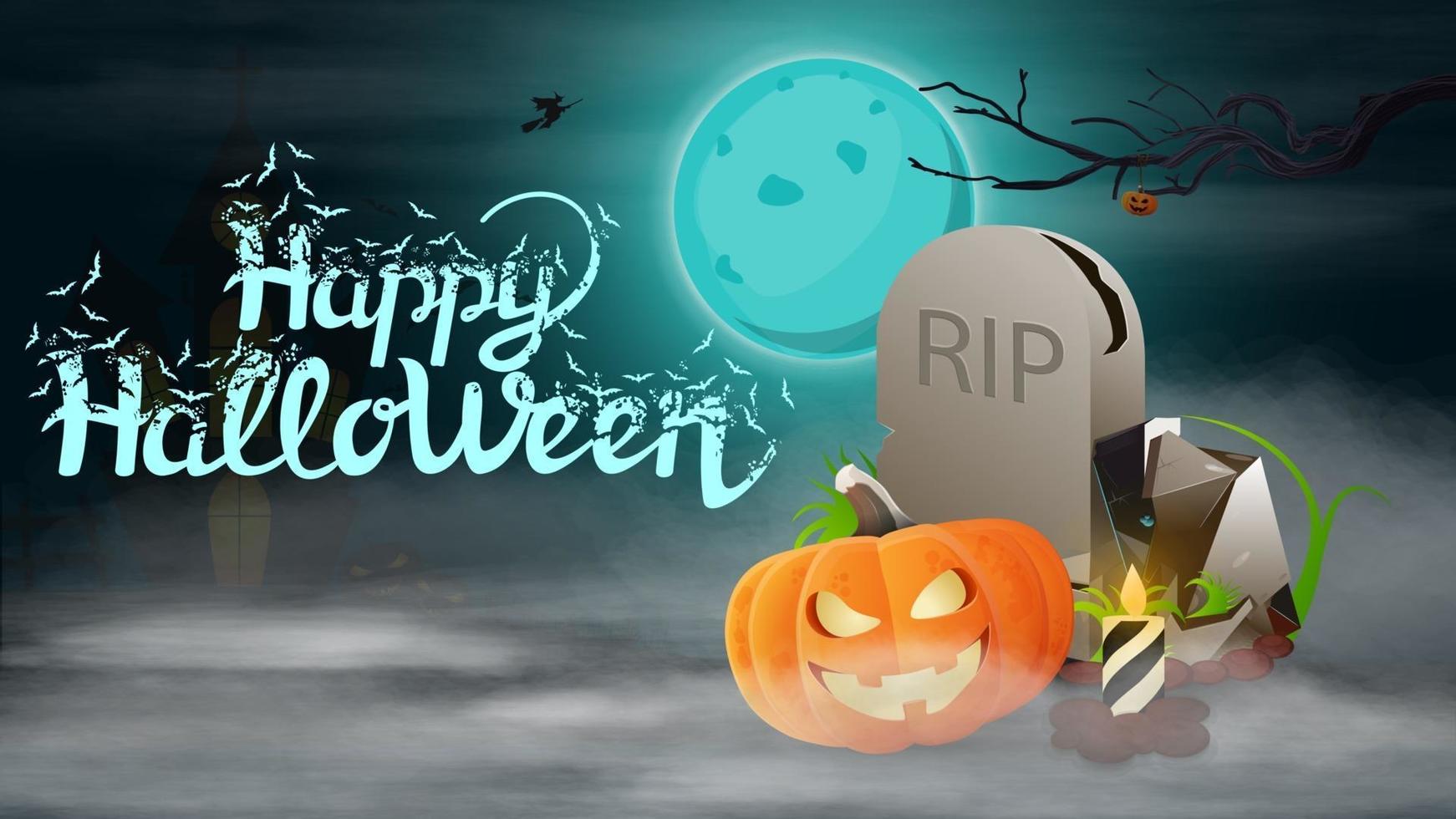 Happy Halloween, horizontale Postkarte mit Nachtlandschaft, Grabstein und Kürbis Jack vektor