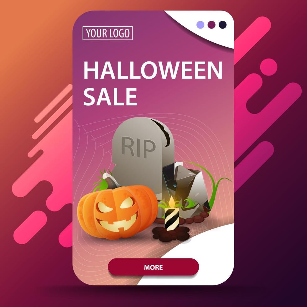 Halloween-Verkauf, vertikales modernes Web-Banner mit Grabstein und Kürbis-Jack vektor