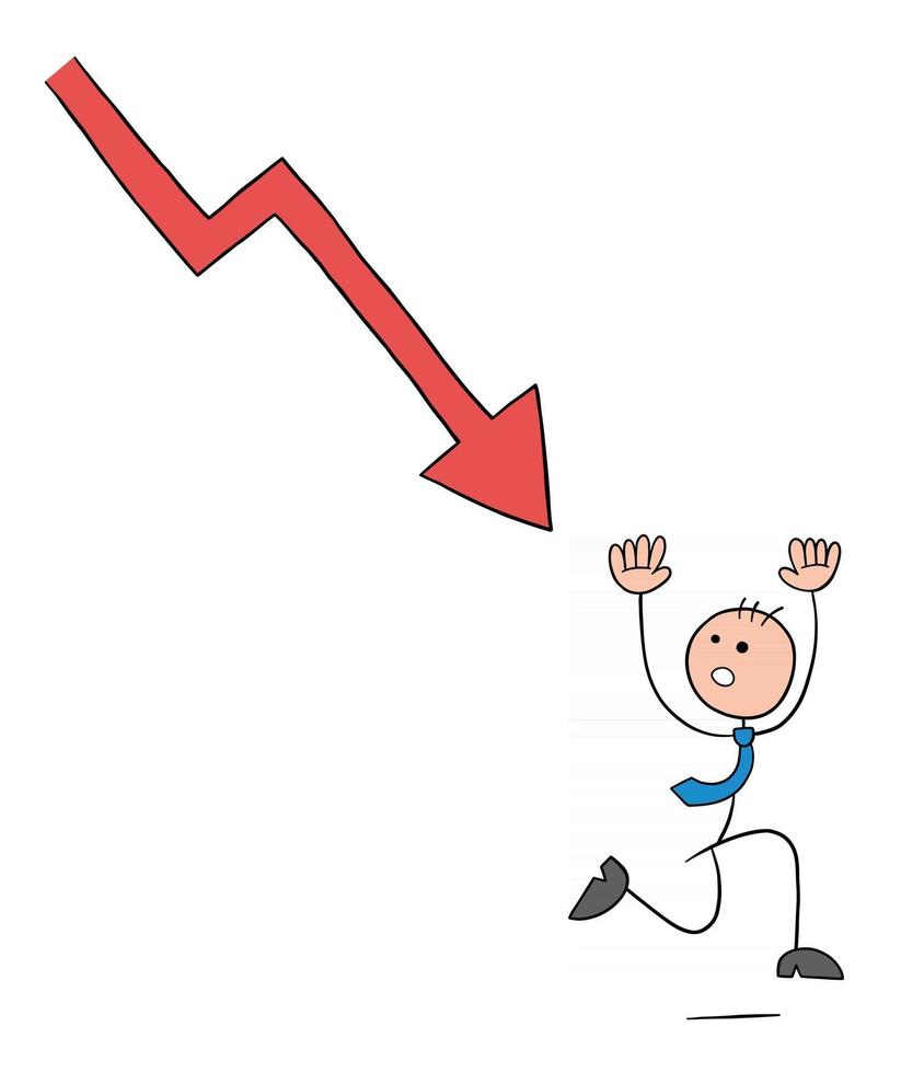 Strichmännchen-Geschäftsmann-Charakter, der vor dem herunterfallenden Pfeil wegläuft vektor