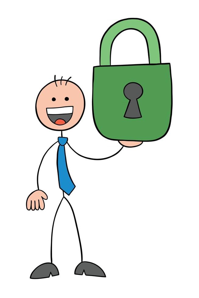 Strichmännchen-Geschäftsmann-Charakter glücklich und mit geschlossenem Vorhängeschloss-Vektor-Cartoon-Illustration vektor