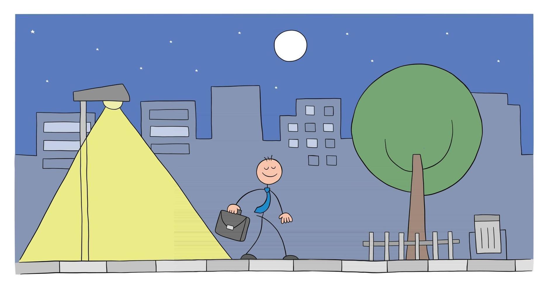 stickman affärsman karaktär gå gatan på natten vektor tecknad illustration