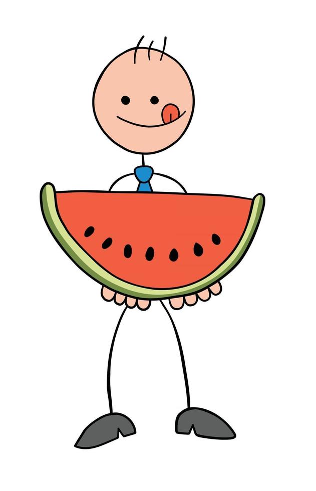 stickman affärsman karaktär håller vattenmelon skiva och vill äta det vektor tecknad illustration