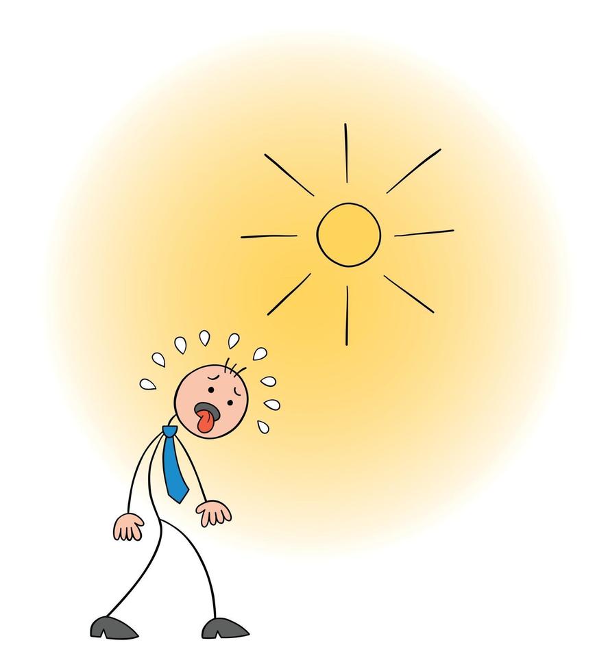 Strichmännchen-Geschäftsmann-Charakter geht bei heißem Wetter und seine Zunge ist Vektor-Cartoon-Illustration vektor