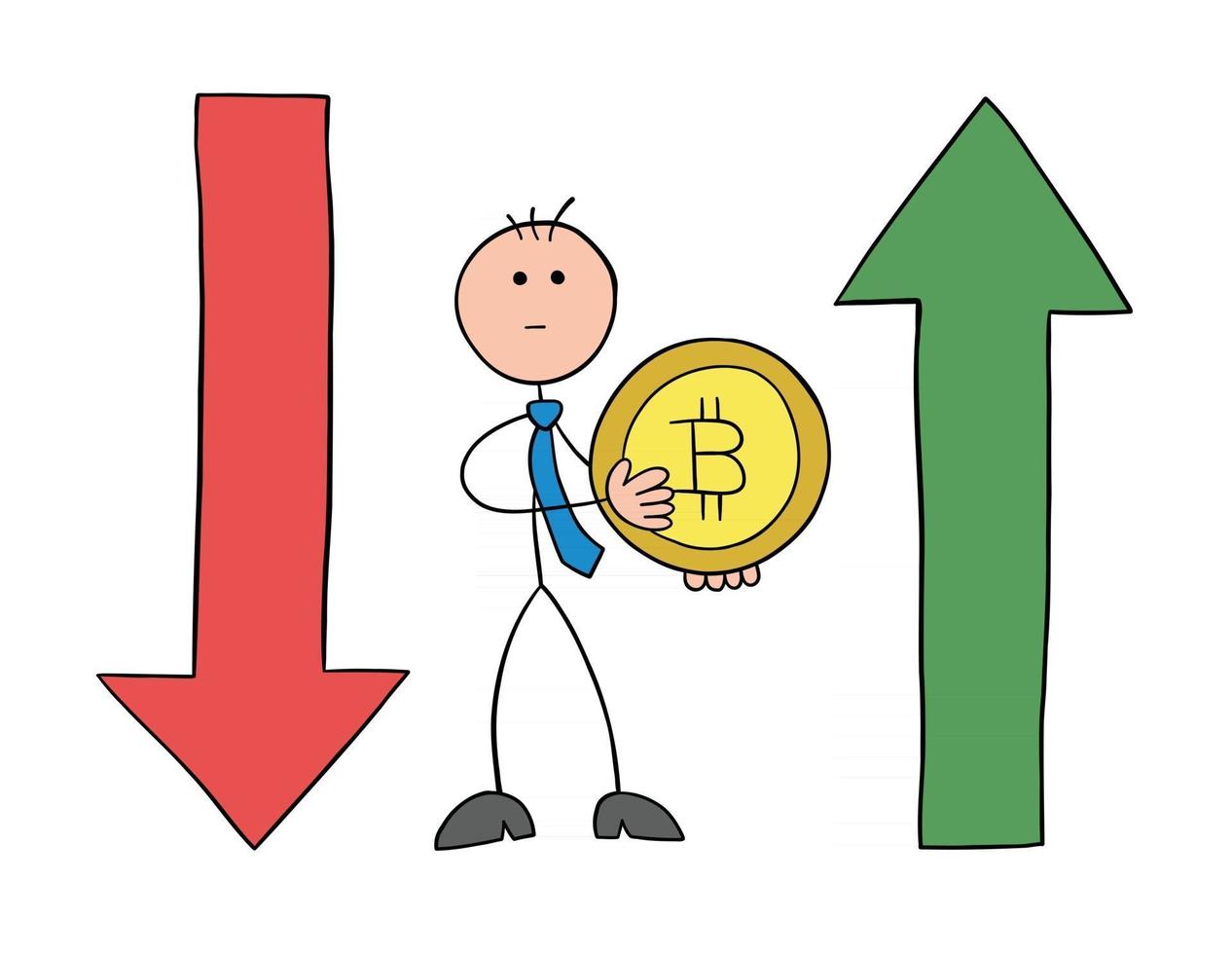 Strichmännchen-Geschäftsmann-Charakter, der Bitcoin-Münze hält und mit Pfeilen, die sich nach unten und oben bewegen, Vektor-Cartoon-Illustration vektor