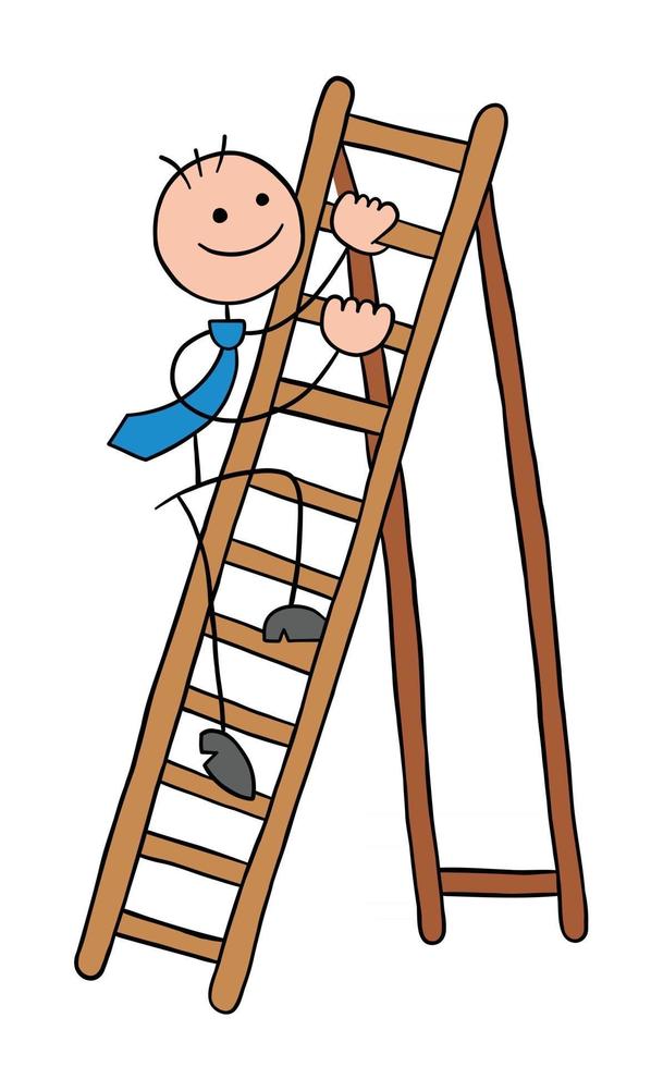 stickman affärsman karaktär klättring trä stege vektor tecknad illustration
