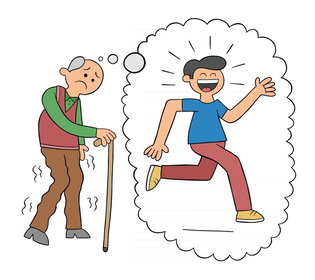 Cartoon alter Mann, der mit seinem Stock geht und von seiner Jugendvektorillustration träumt vektor