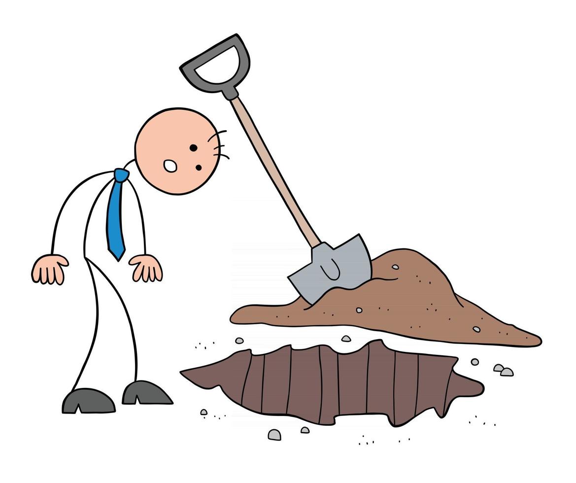 jord grävs och stickman affärsman karaktär ser vektor tecknad illustration