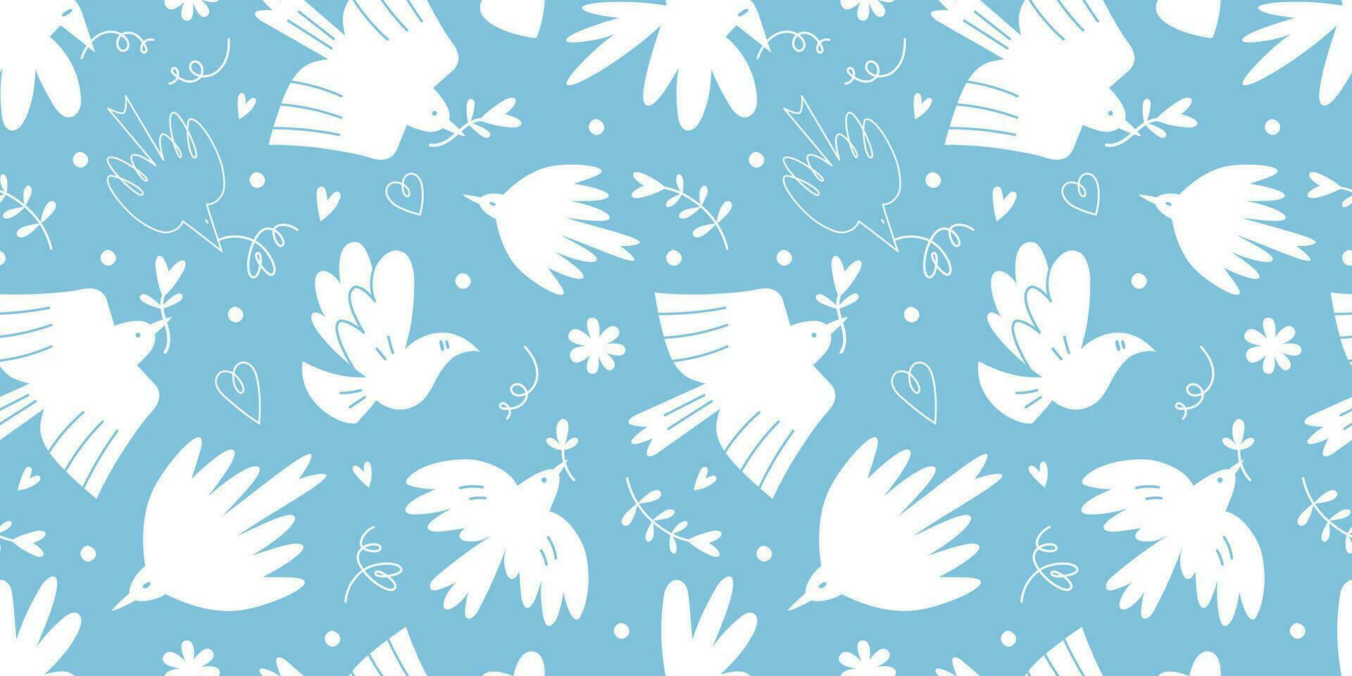 nahtlos Muster mit süß Weiß Vögel und Herzen auf ein Blau Hintergrund, Karikatur Stil. Taube von Frieden, Nein Krieg und Freiheit Konzept. modisch modern Vektor Illustration, Hand gezeichnet, eben