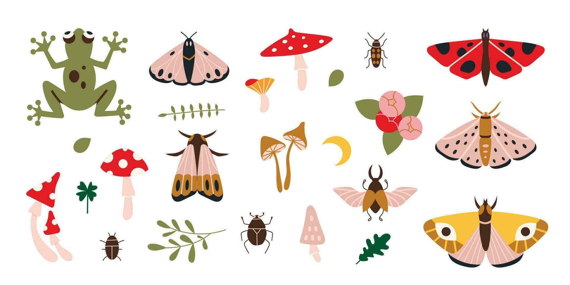 skog objekt uppsättning, fjärilar, svamp, växter, tecknad serie stil. cottagecore, goblincore estetik. trendig modern vektor illustration, hand dragen