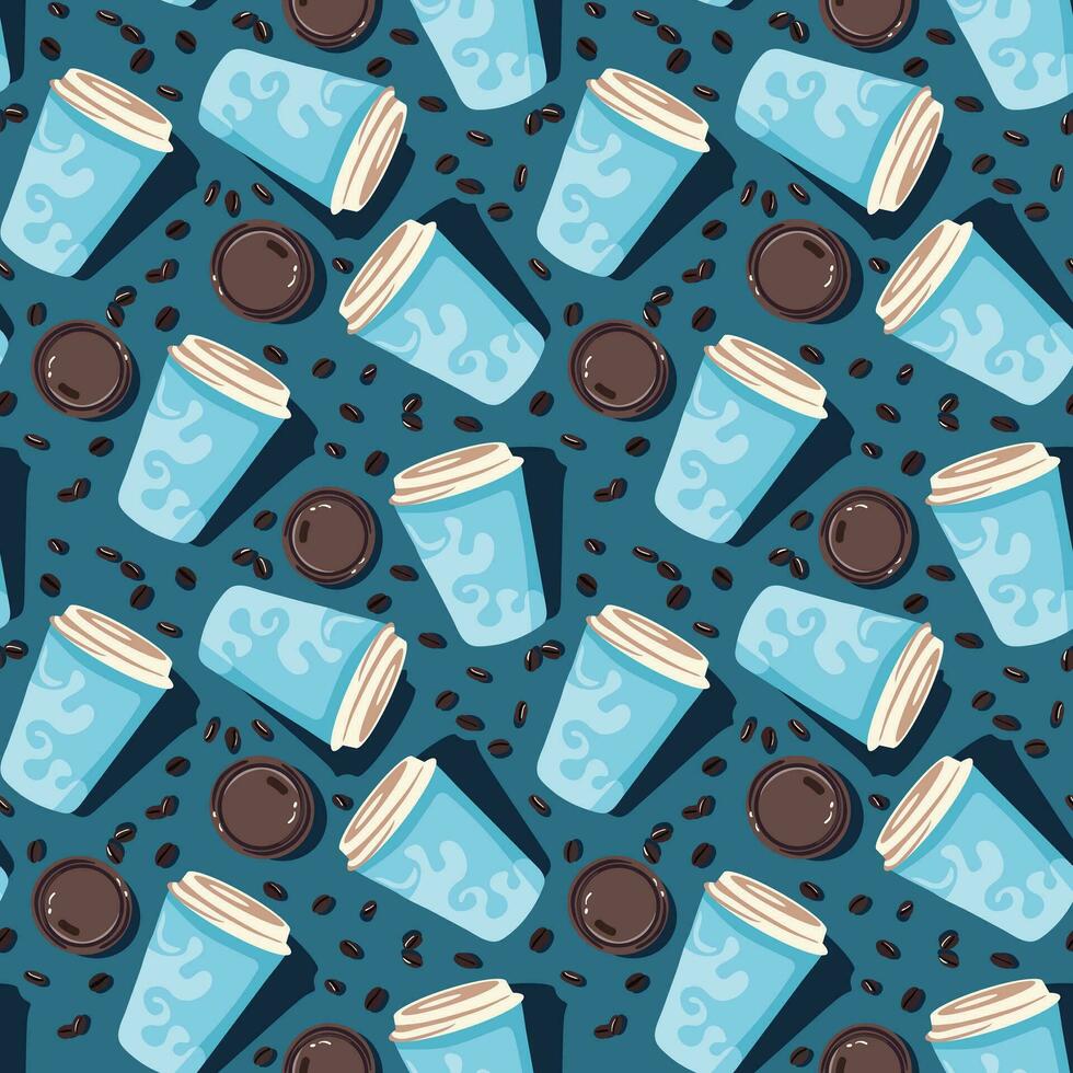 nahtlos Muster mit Kaffee Tassen im Licht Blau Farbe und Bohnen im dunkel Blau Hintergrund zum Textil- oder Objekt druckt vektor