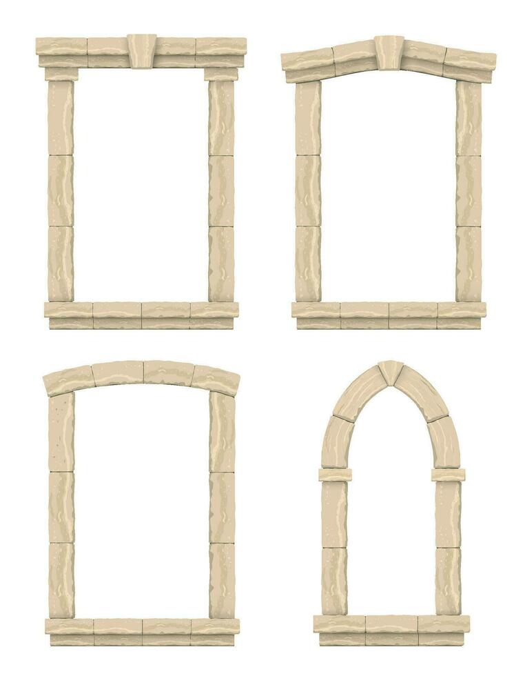 Jahrgang Stein Fenster Frames Satz. Bogen im das Mauer von Beige Schnitt Stein und Travertin Marmor zum ein Fenster oder Tür im das klassisch Stil vektor