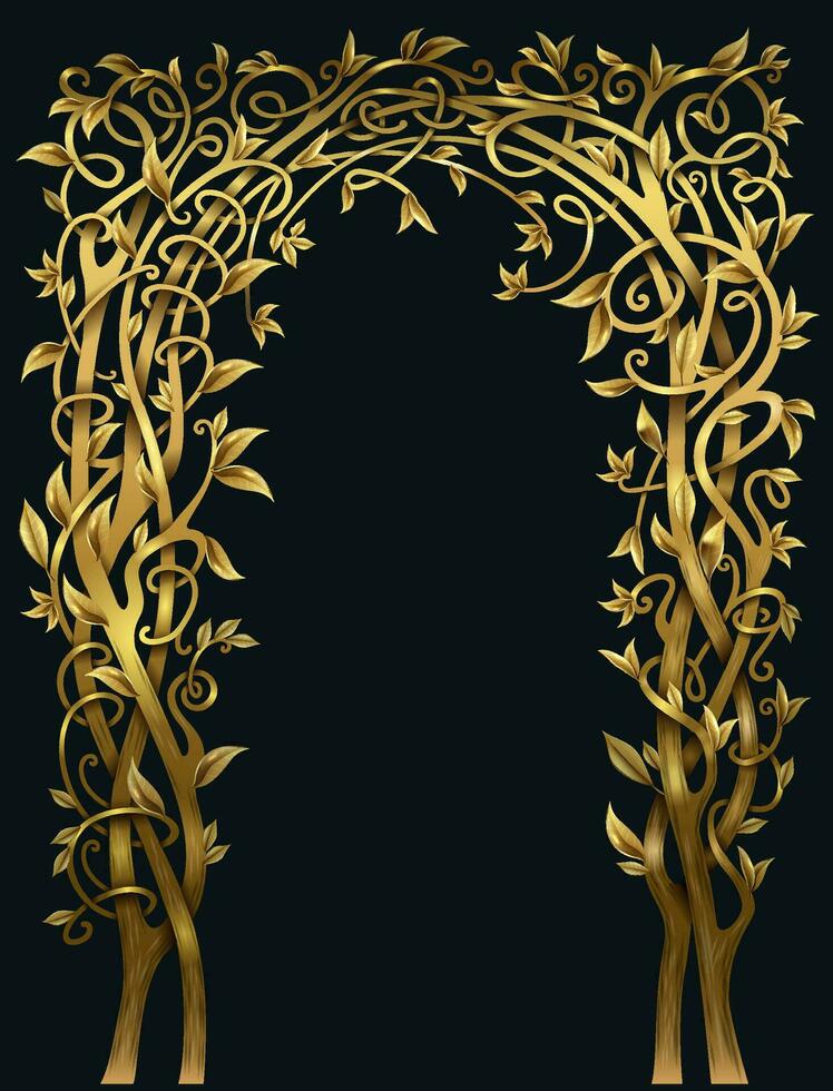 gyllene fantastisk smidda båge tillverkad av vinstockar. vektor 3d. orientalisk omslag stil