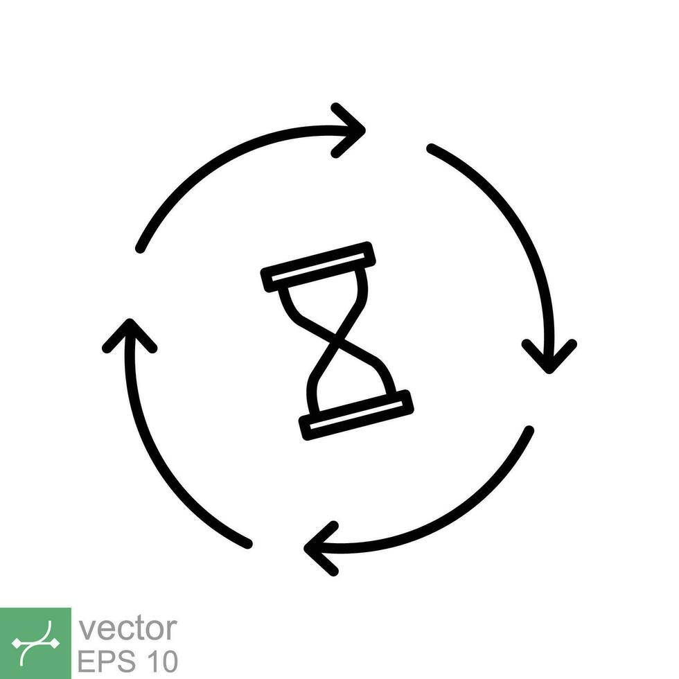 upprepa tid ikon. enkel översikt stil. klocka med uppdatering pil, sand glas, timglas begrepp symbol design. tunn linje vektor illustration isolerat på vit bakgrund. eps 10.