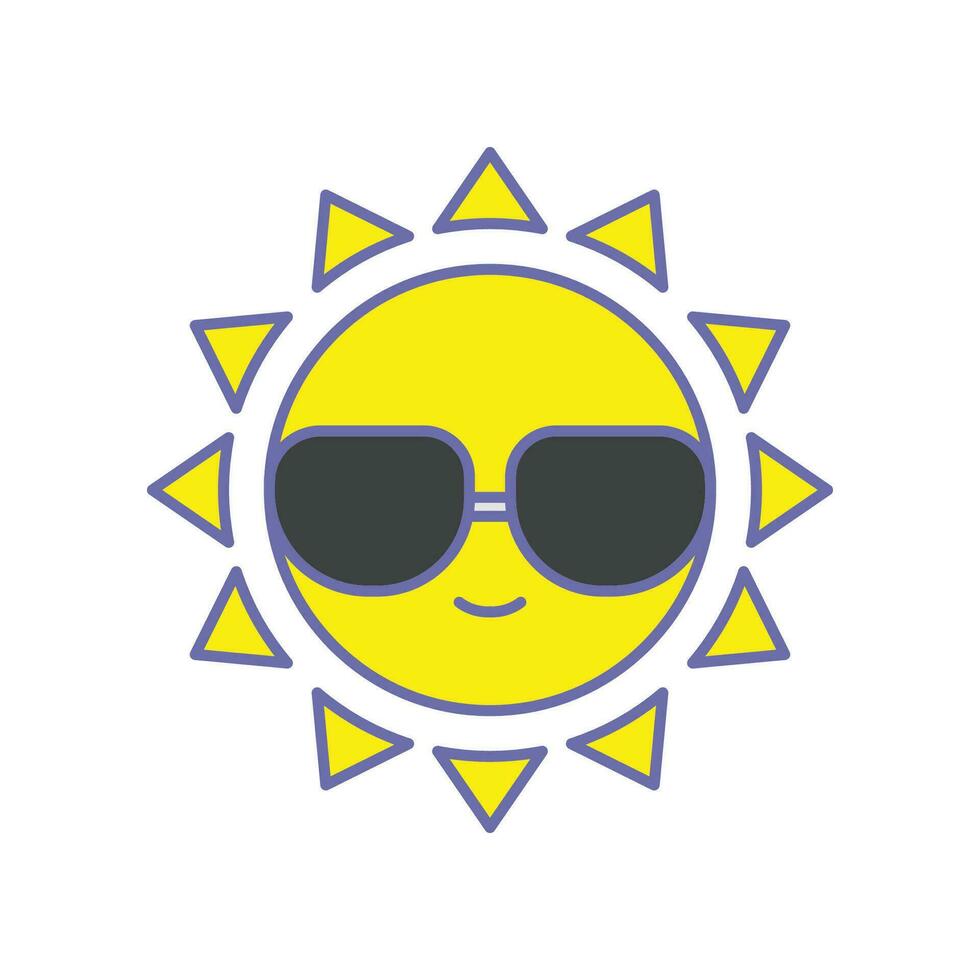 glücklich Sommer- heiter Sonne Charakter mit Sonnenbrille im tropisch Insel. Gelb lächelnd Sommer- Sonne im Brille. Hitze, heiß, Sonnenlicht, Ferien Symbol. Vektor Illustration gefüllt Gliederung Stil eps 10