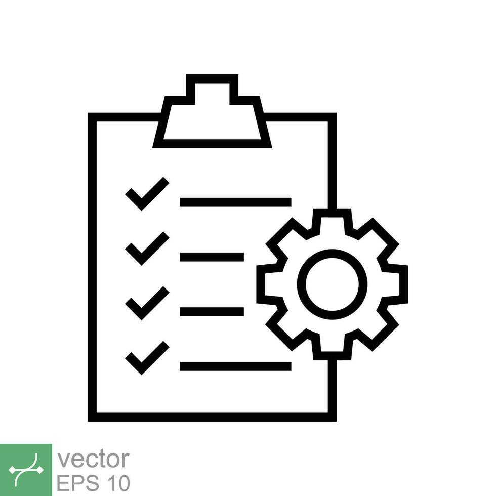 Zwischenablage mit Ausrüstung Symbol. einfach Gliederung Stil. Projekt planen, dokumentieren, konform, Aufgabe prüfen Liste, Zahn, Verwaltung Konzept. dünn Linie Vektor Illustration isoliert auf Weiß Hintergrund. eps 10.