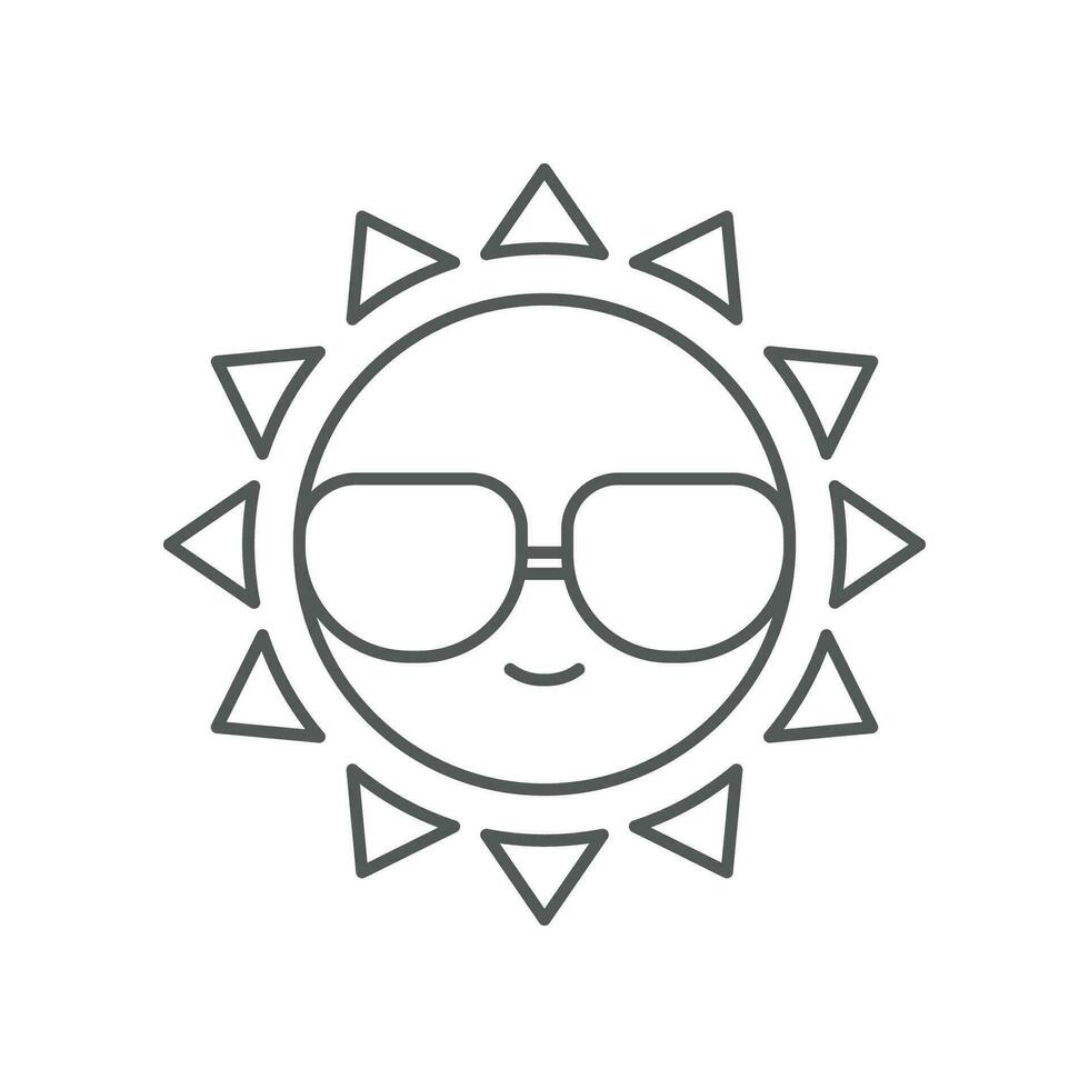 glücklich Sommer- heiter Sonne Charakter mit Sonnenbrille im tropisch Insel. Gelb lächelnd Sommer- Sonne im Brille. Hitze, heiß, Sonnenlicht, Ferien Symbol. Vektor Illustration gefüllt Gliederung Stil eps 10