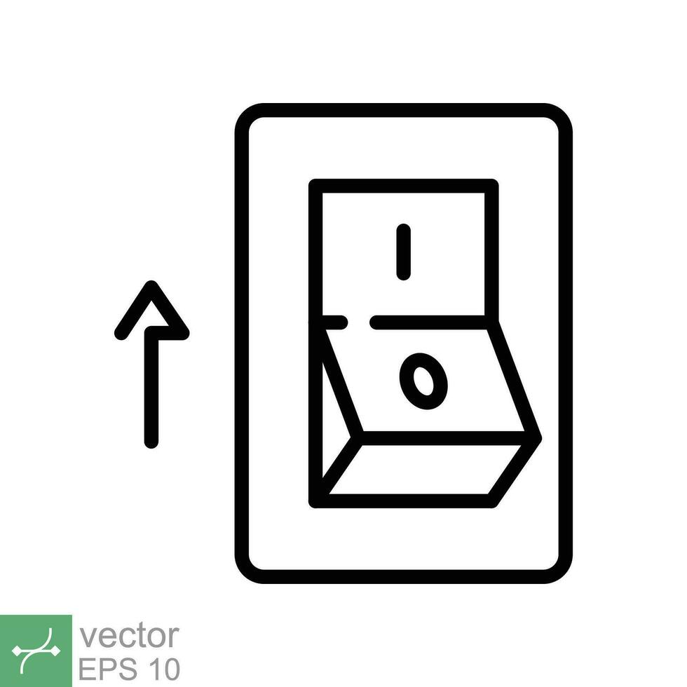 ljus på, elektrisk växla ikon. enkel översikt stil. kraft sväng på knapp, toggle växla på placera, sväng på, teknologi begrepp. tunn linje vektor illustration isolerat på vit bakgrund. eps 10.