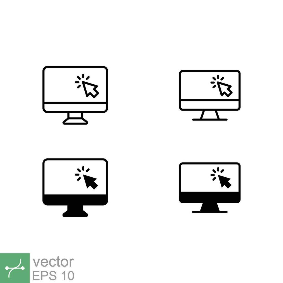 Computer Monitor klicken Mauszeiger Symbol Satz. einfach Umriss, solide Stil. leer Bildschirm Anzeige mit Pfeil, Technologie Konzept. dünn Linie und Glyphe Vektor Illustration isoliert auf Weiß Hintergrund. eps 10.