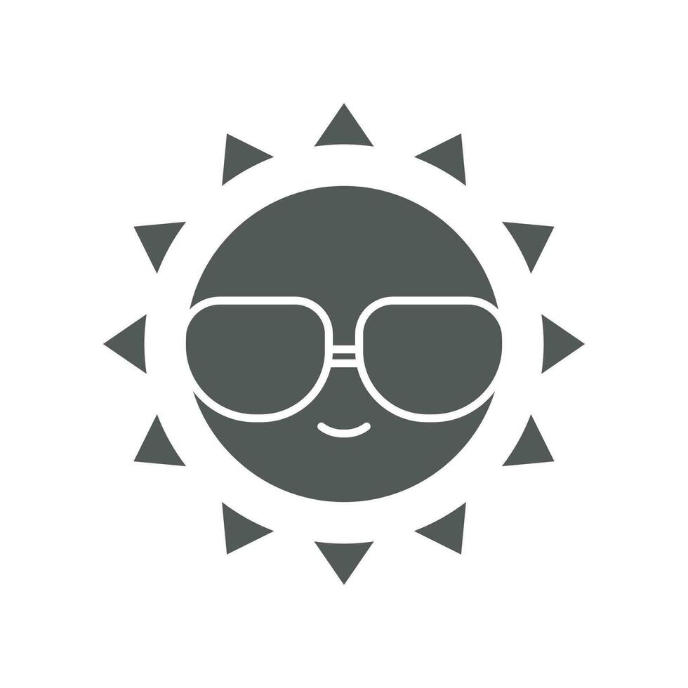 glücklich Sommer- heiter Sonne Charakter mit Sonnenbrille im tropisch Insel. Gelb lächelnd Sommer- Sonne im Brille. Hitze, heiß, Sonnenlicht, Ferien Symbol. Vektor Illustration solide, Glyphe Stil. eps 10