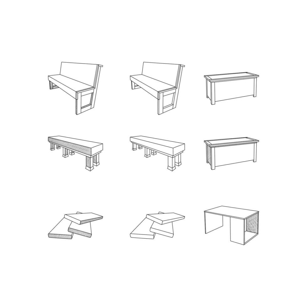 uppsättning av sittplats och trä- styrelse möbel samling isolerat på vit bakgrund vektor