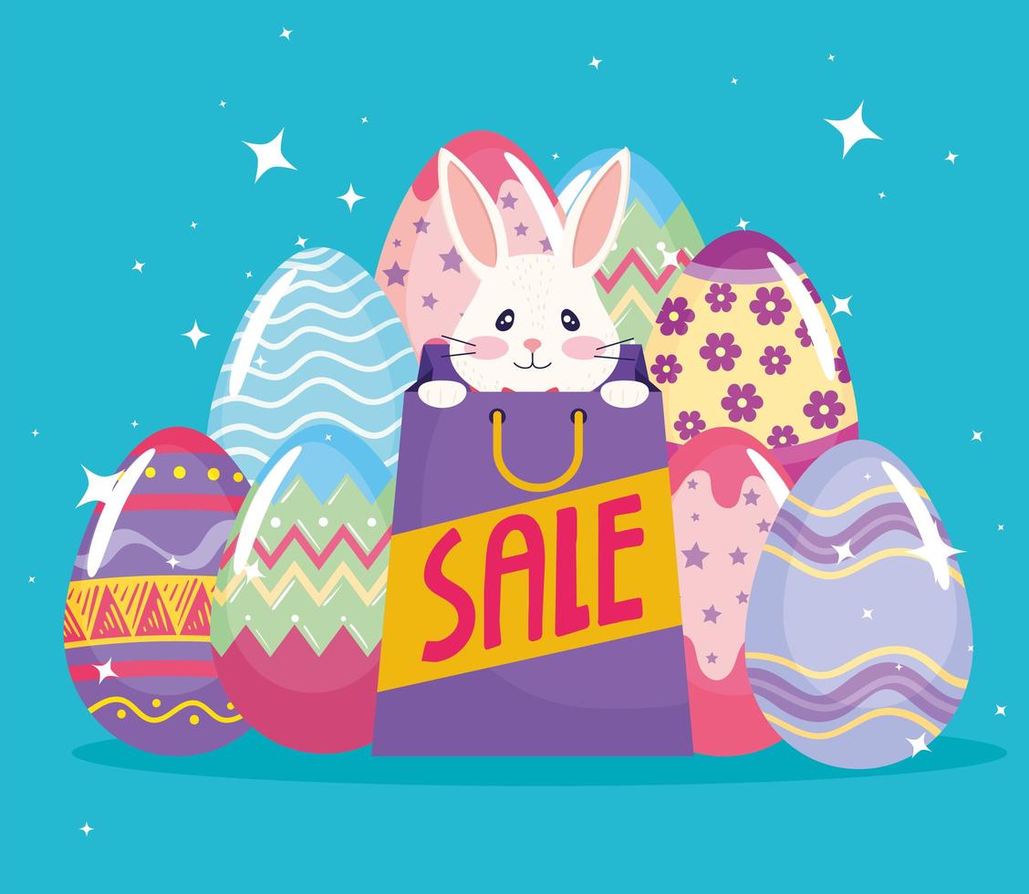 glad påsk säsong affisch med kanin i shoppingpåse och ägg målade vektor