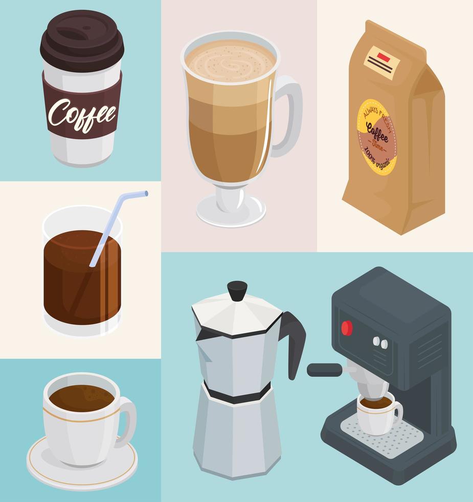 Bündel von sieben Kaffeegetränken setzen Icons vektor