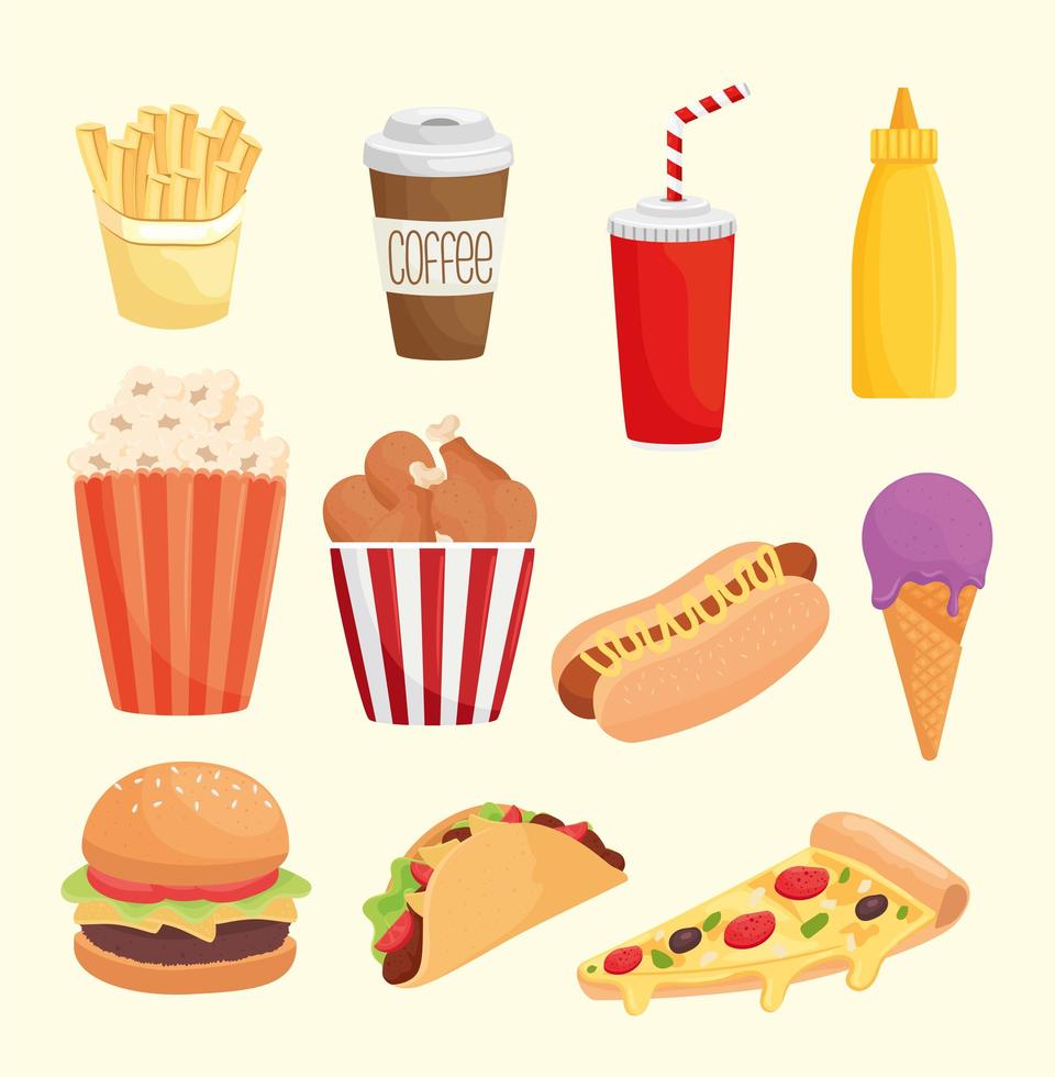 Bündel mit elf Symbolen für Fast-Food-Produkte vektor