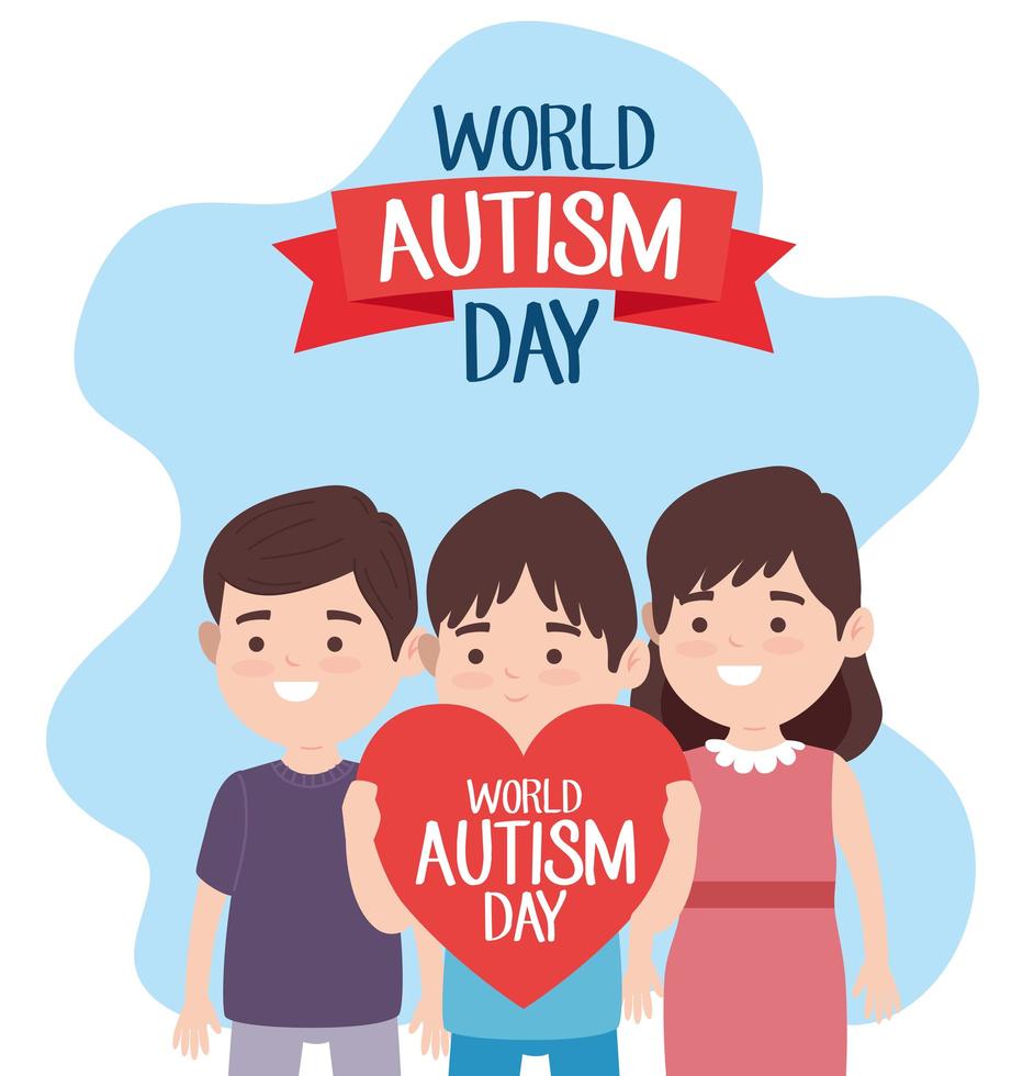 Welt-Autismus-Tag-Schriftzug mit kleinen Kindern, die Herzzeichen anheben vektor