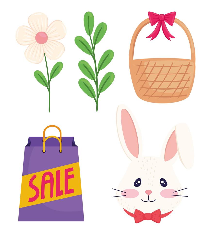 glad påsk säsong försäljning affisch med shopping väska set ikoner vektor