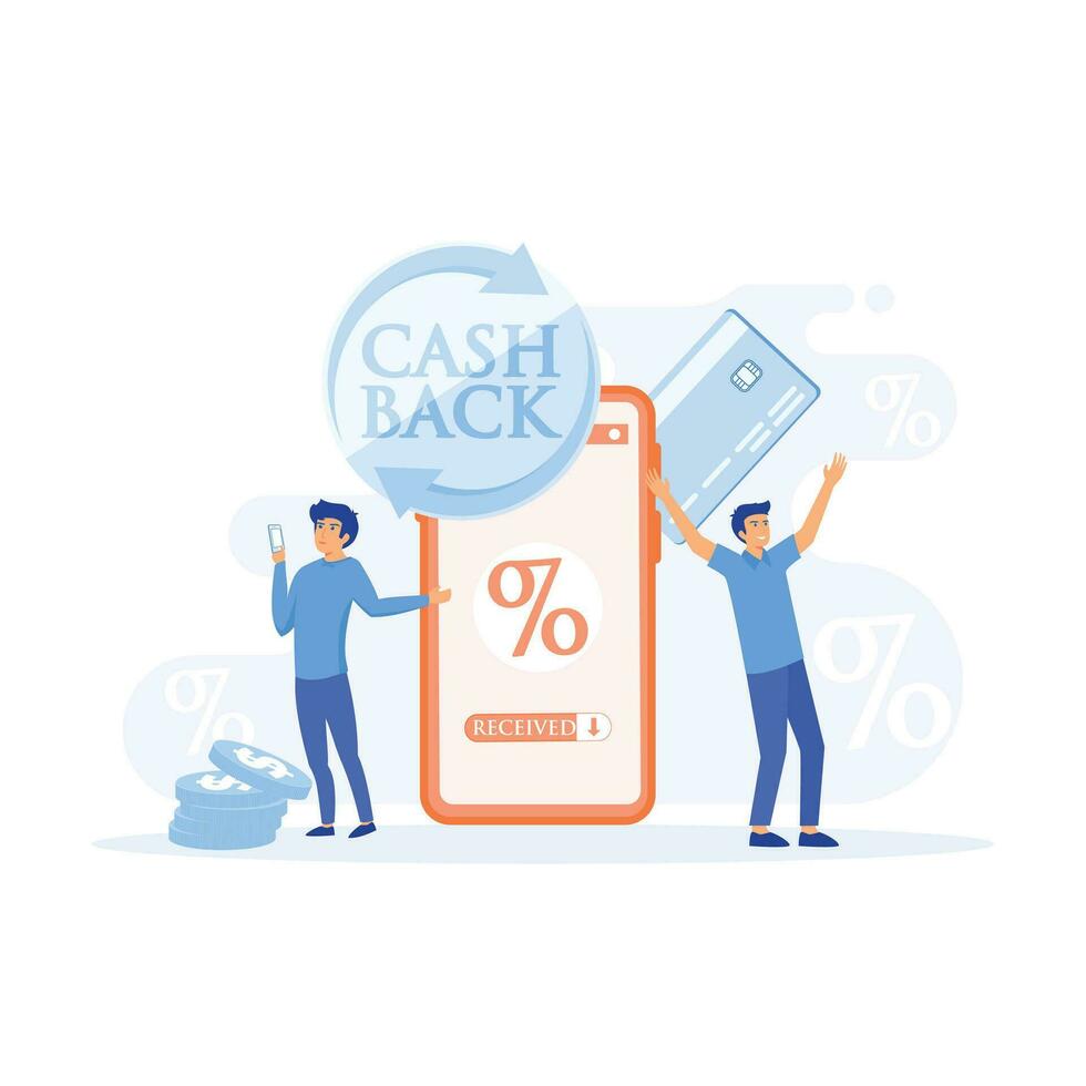 online Cashback Konzept. glücklich Menschen Empfang Cashback zum ein Käufer. eben Vektor modern Illustration
