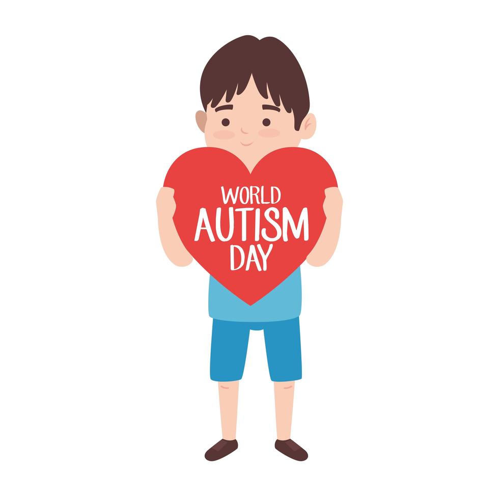 världs autism dag bokstäver i hjärtat och liten pojke vektor