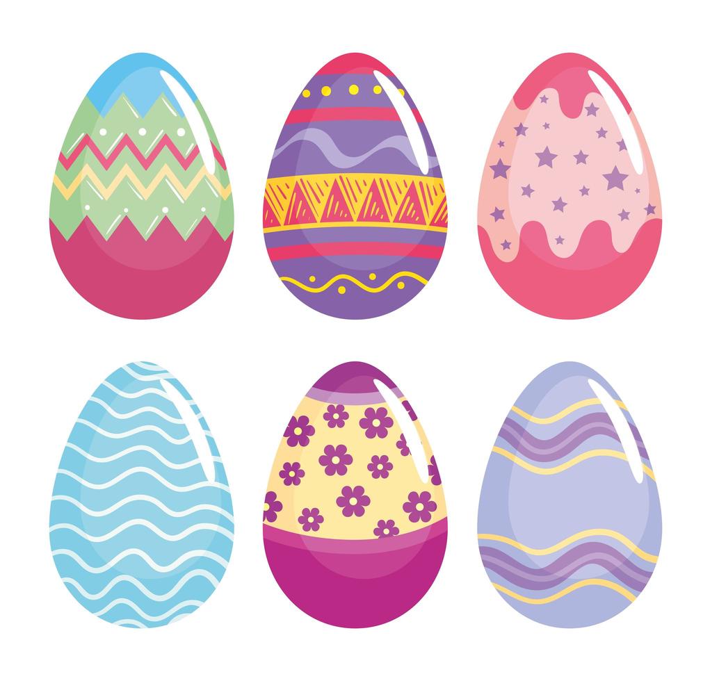 Frohe Ostern sechs Eier gemalt Set Icons vektor