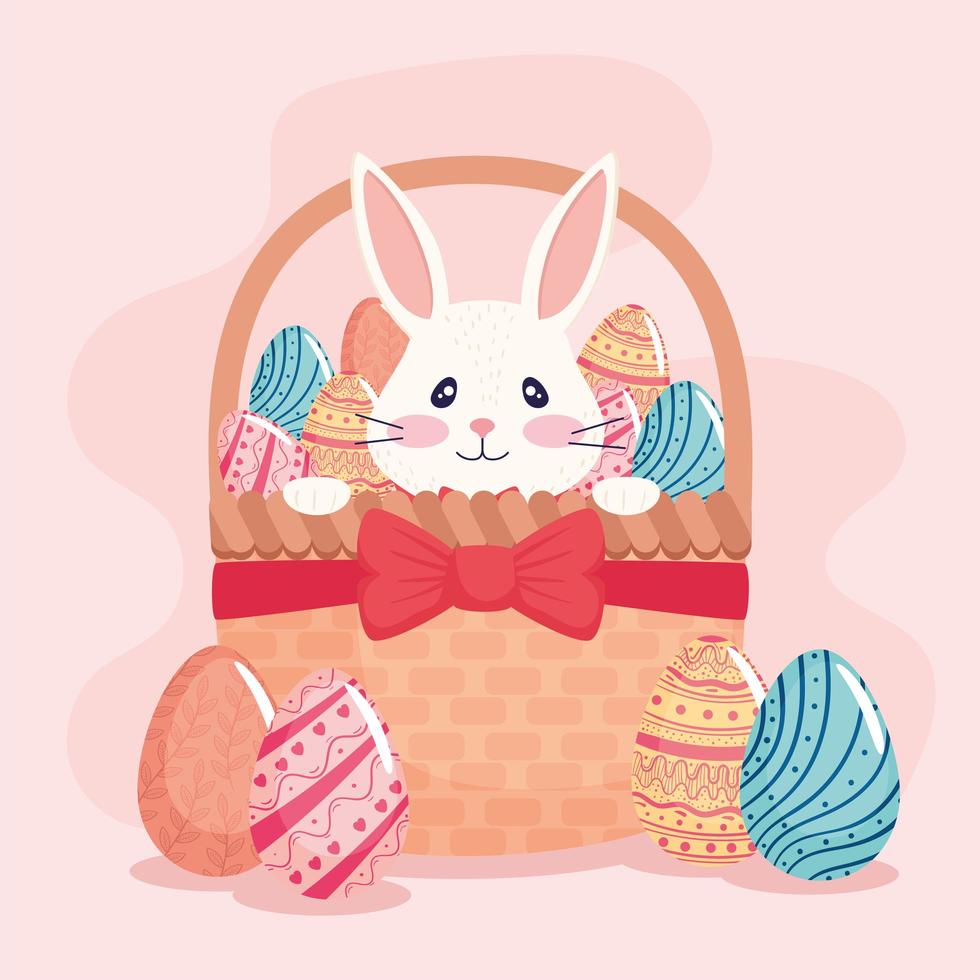 Frohe Osterkarte mit Kaninchen und Eiern im Korb gemalt vektor