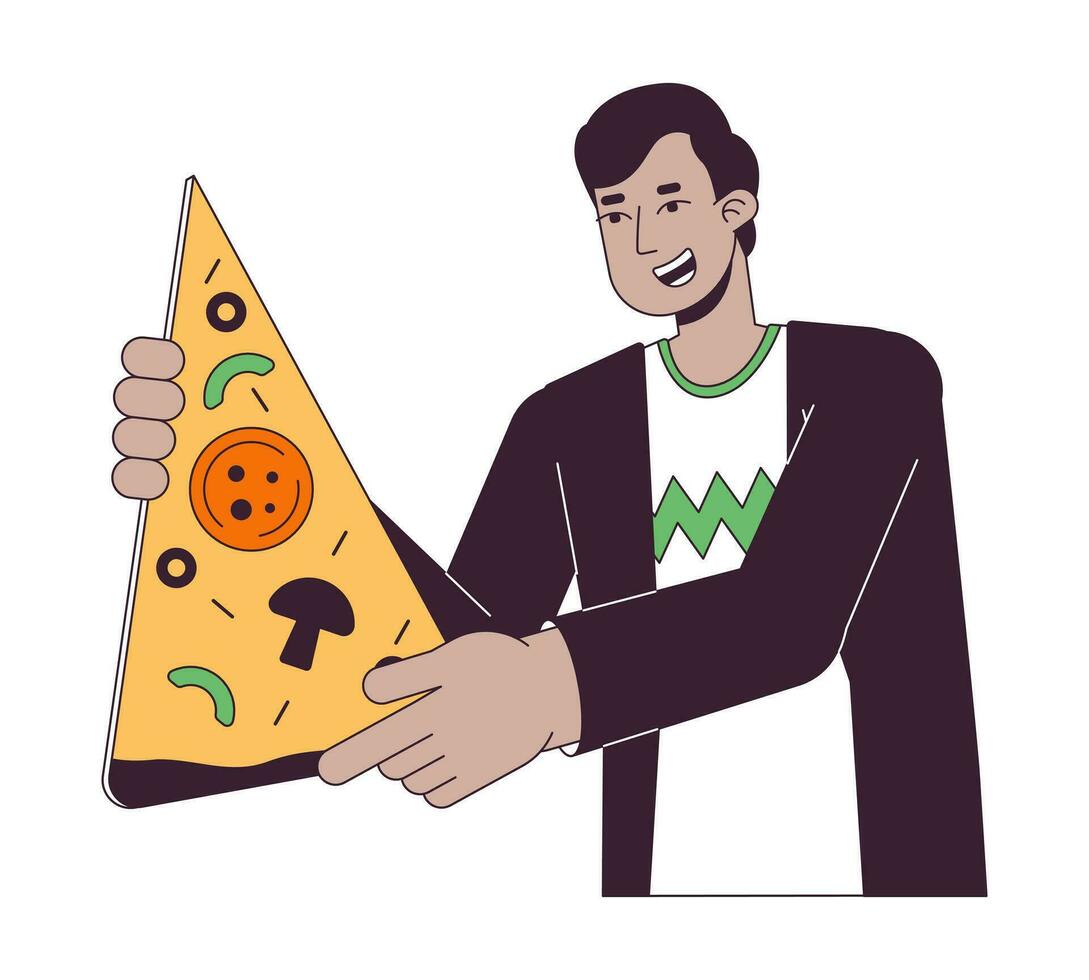 optimistisk indisk man med stor pizza skiva platt linje Färg vektor karaktär. redigerbar översikt halv kropp person på vit. mat leverans enkel tecknad serie fläck illustration för webb grafisk design