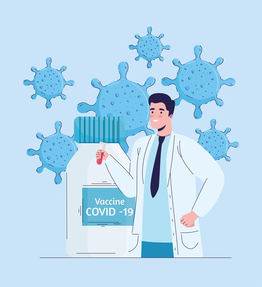 Arzt mit Covid19-Virus-Impfstoff-Fläschchen und Partikeln vektor