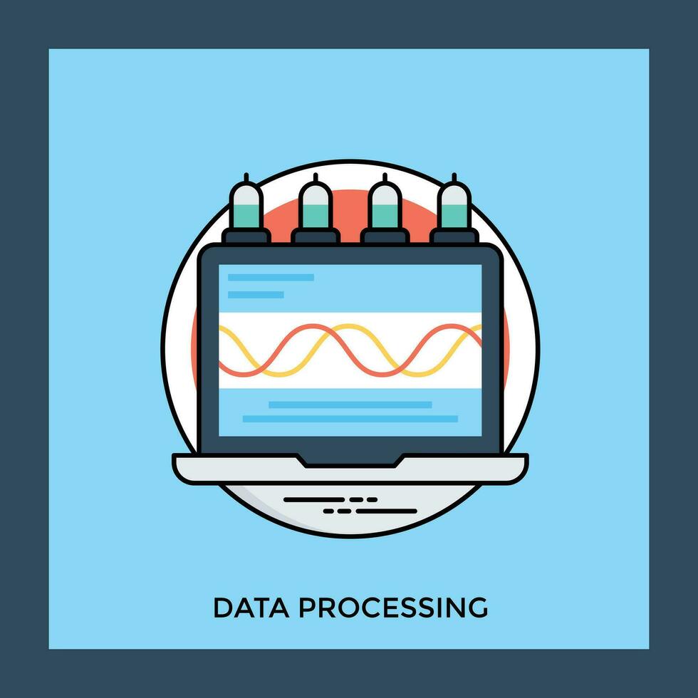 bärbar dator skärm med lökar i de kant och data tvärgående vågor, digitalisering de ikon för data bearbetning vektor