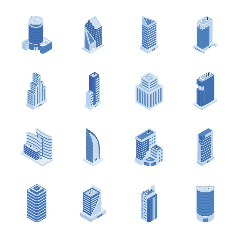 Pack von Wolkenkratzer Gebäude isometrisch Symbole vektor